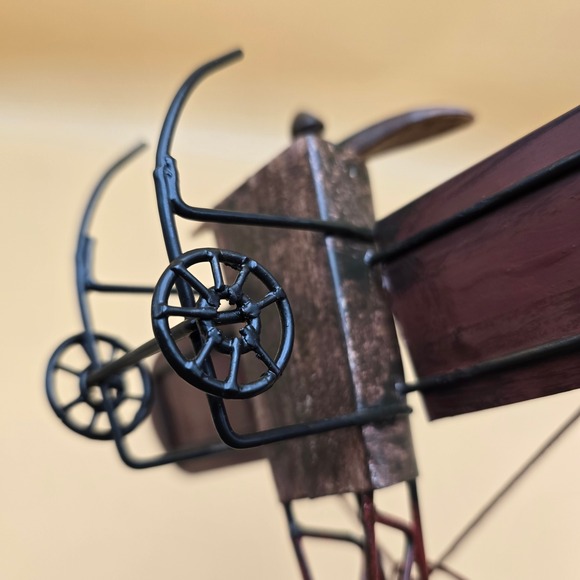 Vintage Metal Biplane Model Rustic Bronze Burgundy Decorative Aircraft 7 Inch - Picture 9 of 16